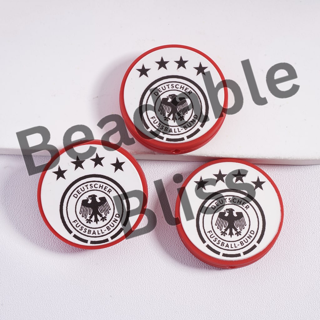 Silicone Focal Beads Germany Football Soccer Team, Flat Round Shape