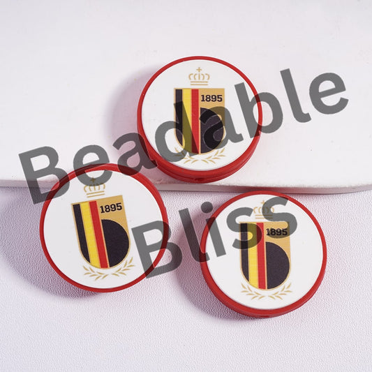 Silicone Focal Beads Belgium Football Soccer Team, Flat Round Shape