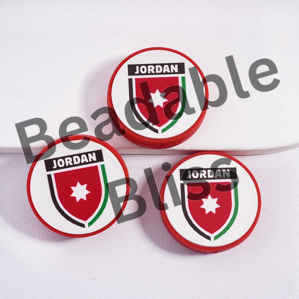 Silicone Focal Beads Jordan Football Soccer Team, Flat Round Shape