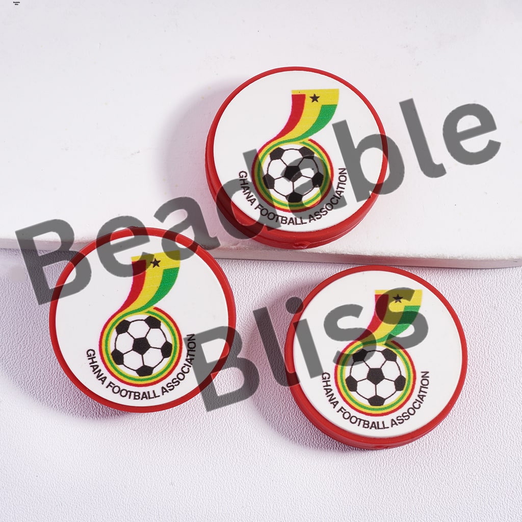 Silicone Focal Beads Ghana Football Soccer Team, Flat Round Shape