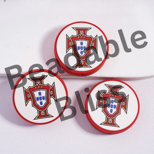 Silicone Focal Beads Portugal Football Soccer Team, Flat Round Shape