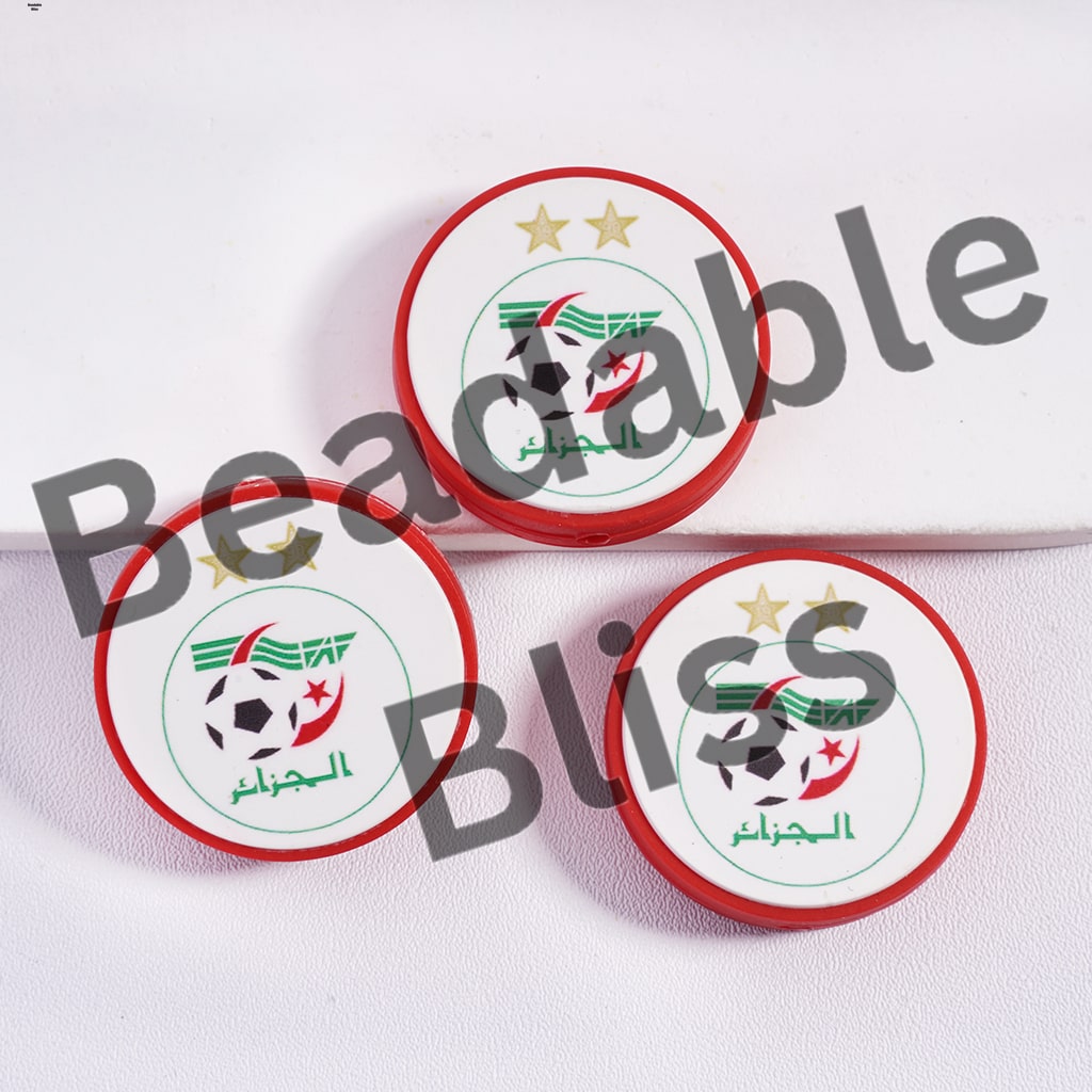 Silicone Focal Beads Algeria Football Soccer Team, Flat Round Shape