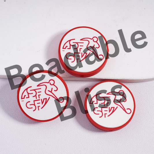 Silicone Focal Beads Switzerland Football Soccer Team, Flat Round Shape