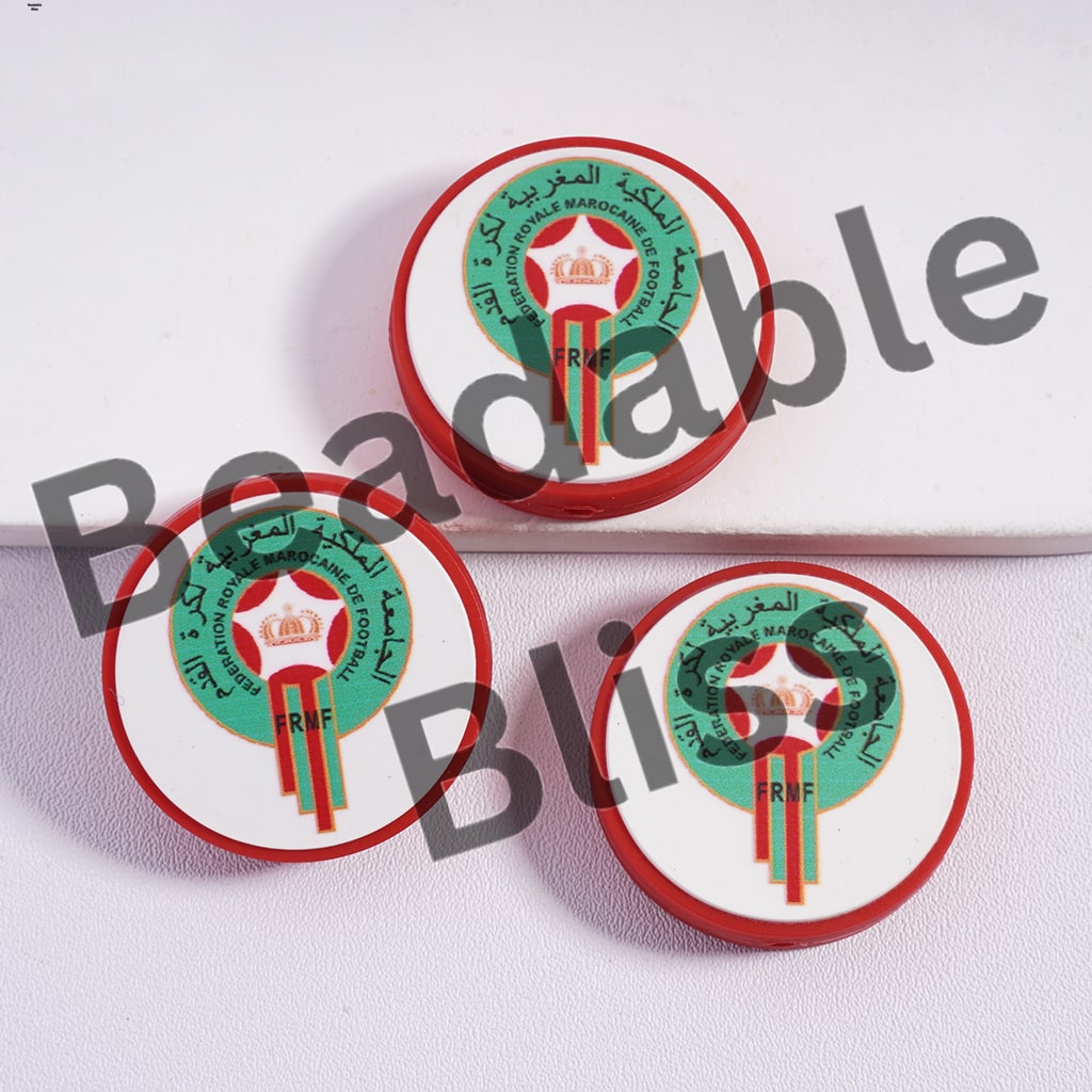 Silicone Focal Beads Morocco Football Soccer Team, Flat Round Shape