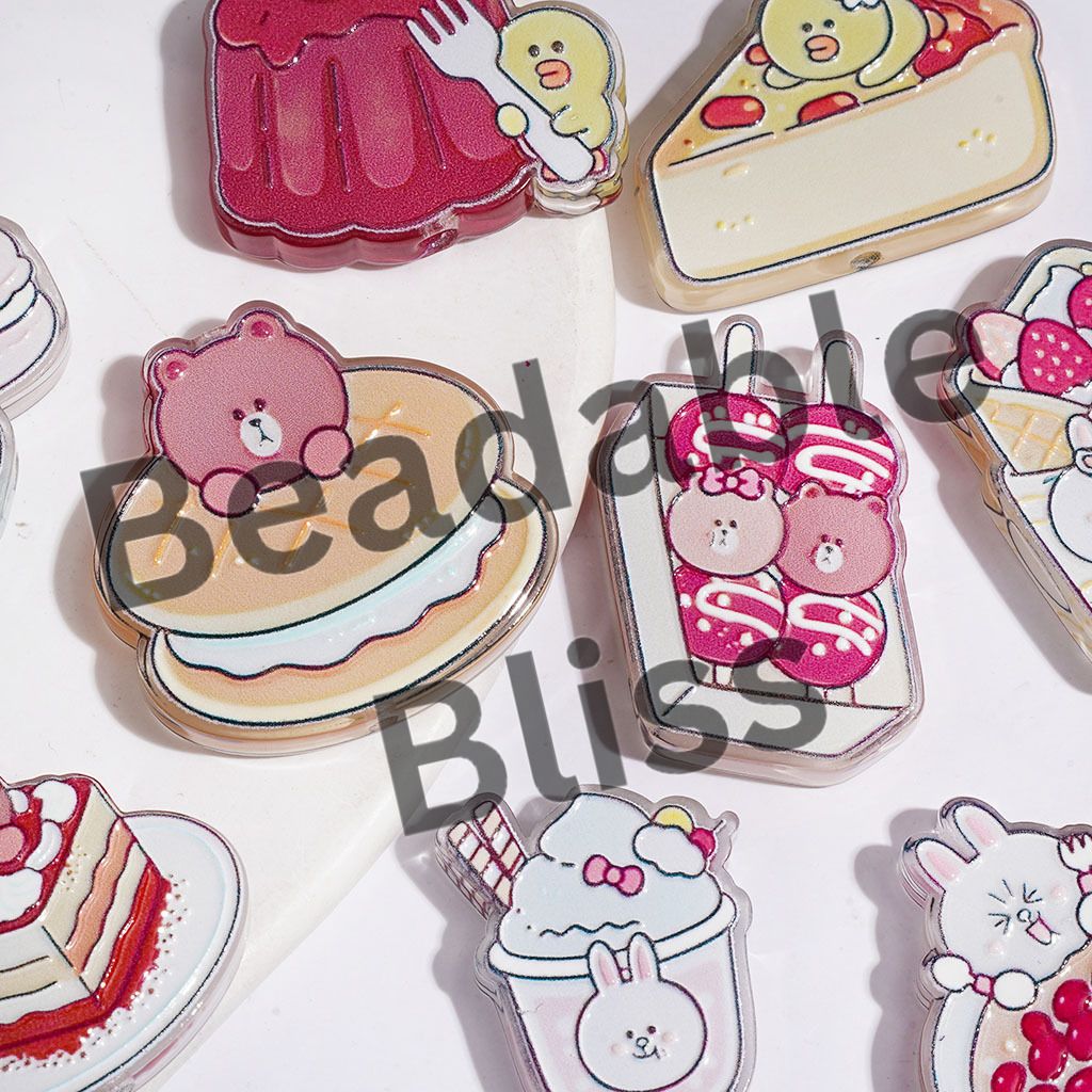 Yummy Dessert Series Acrylic Beads, Waffle Pudding Fruit Bowl Tanghulu Pizza Macaron Ice-Cream Cake, Semi-Clear, Random Mix