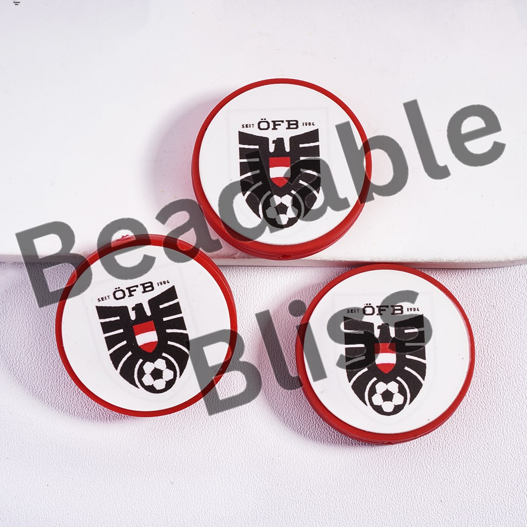 Silicone Focal Beads Austria Football Soccer Team, Flat Round Shape