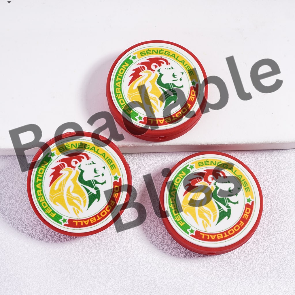 Silicone Focal Beads Senegal Football Soccer Team, Flat Round Shape