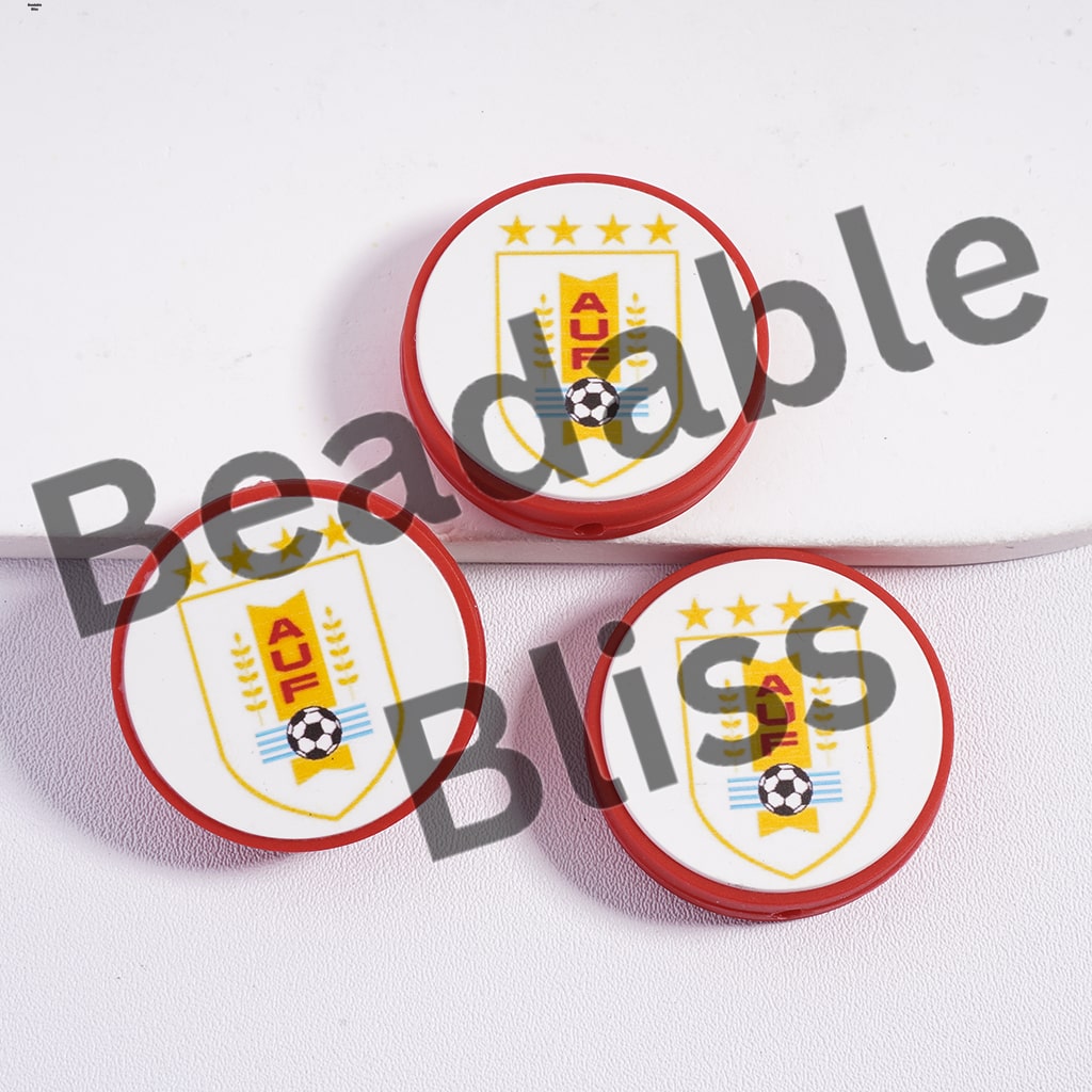 Silicone Focal Beads Uruguay Football Soccer Team, Flat Round Shape