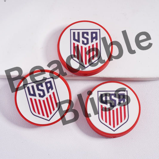 Silicone Focal Beads USA Football Soccer Team, Flat Round Shape