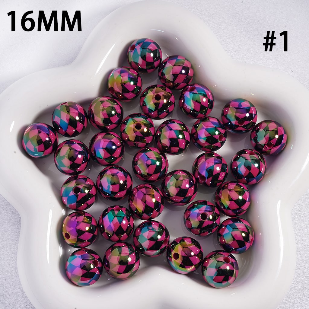 Acrylic Beads for Bracelets UV Coating with Rhombus Checkered Patterns, 16MM, Multi-Color