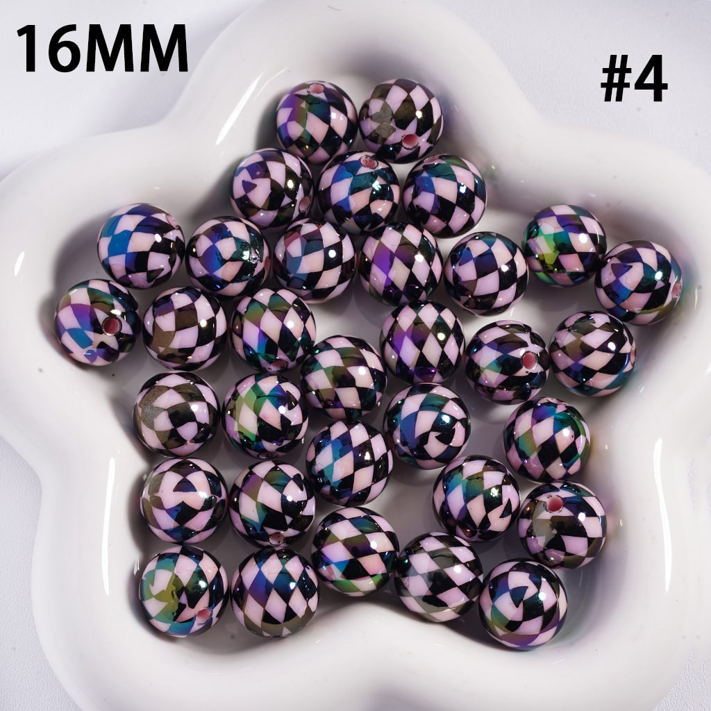 Acrylic Beads for Bracelets UV Coating with Rhombus Checkered Patterns, 16MM, Multi-Color