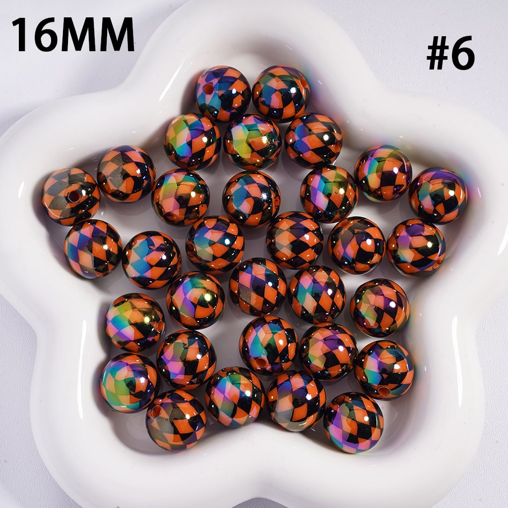 Acrylic Beads for Bracelets UV Coating with Rhombus Checkered Patterns, 16MM, Multi-Color