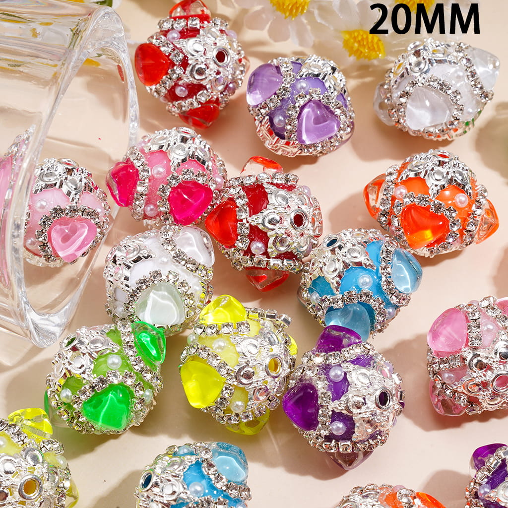 Hand-Made Sugar Acrylic Beads w Heart Rhinestones, Silver Metal Base, Clear Rhinestones & White Pearl, Neon, 20MM, Random Mix