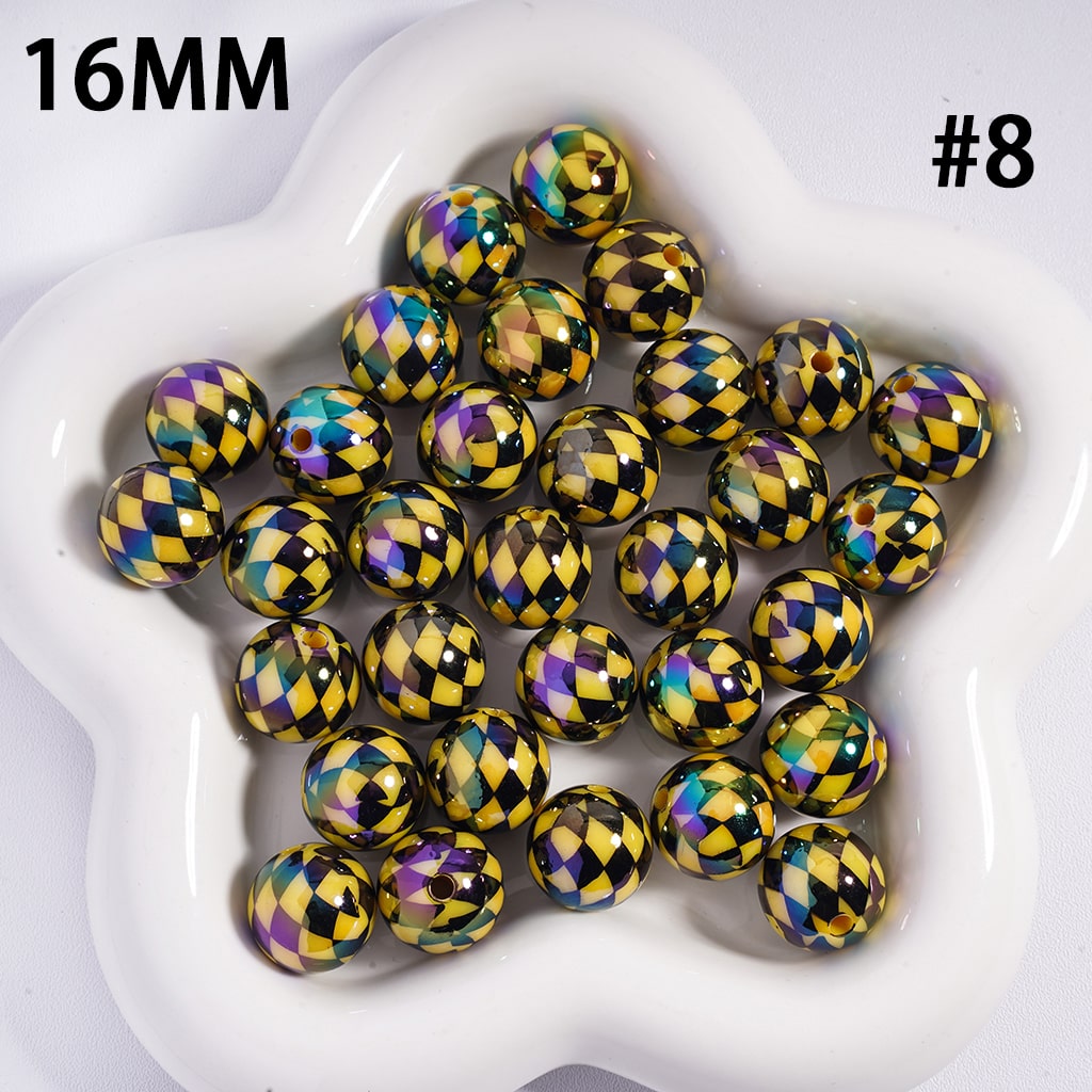 Acrylic Beads for Bracelets UV Coating with Rhombus Checkered Patterns, 16MM, Multi-Color