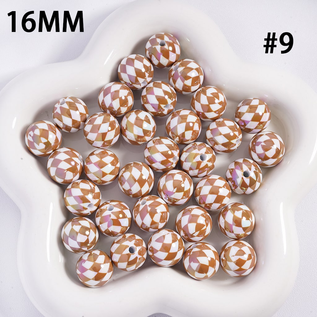 Acrylic Beads for Bracelets UV Coating with Rhombus Checkered Patterns, 16MM, Multi-Color