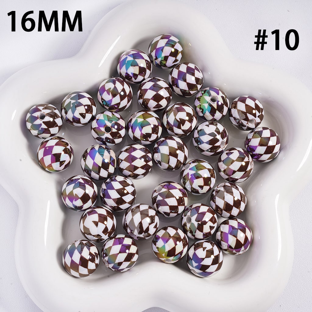 Acrylic Beads for Bracelets UV Coating with Rhombus Checkered Patterns, 16MM, Multi-Color