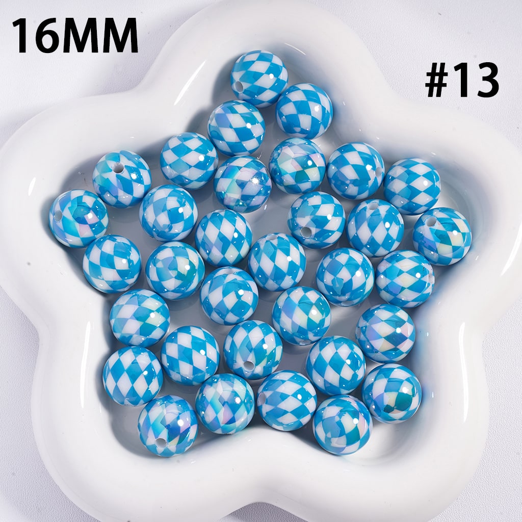 Acrylic Beads for Bracelets UV Coating with Rhombus Checkered Patterns, 16MM, Multi-Color