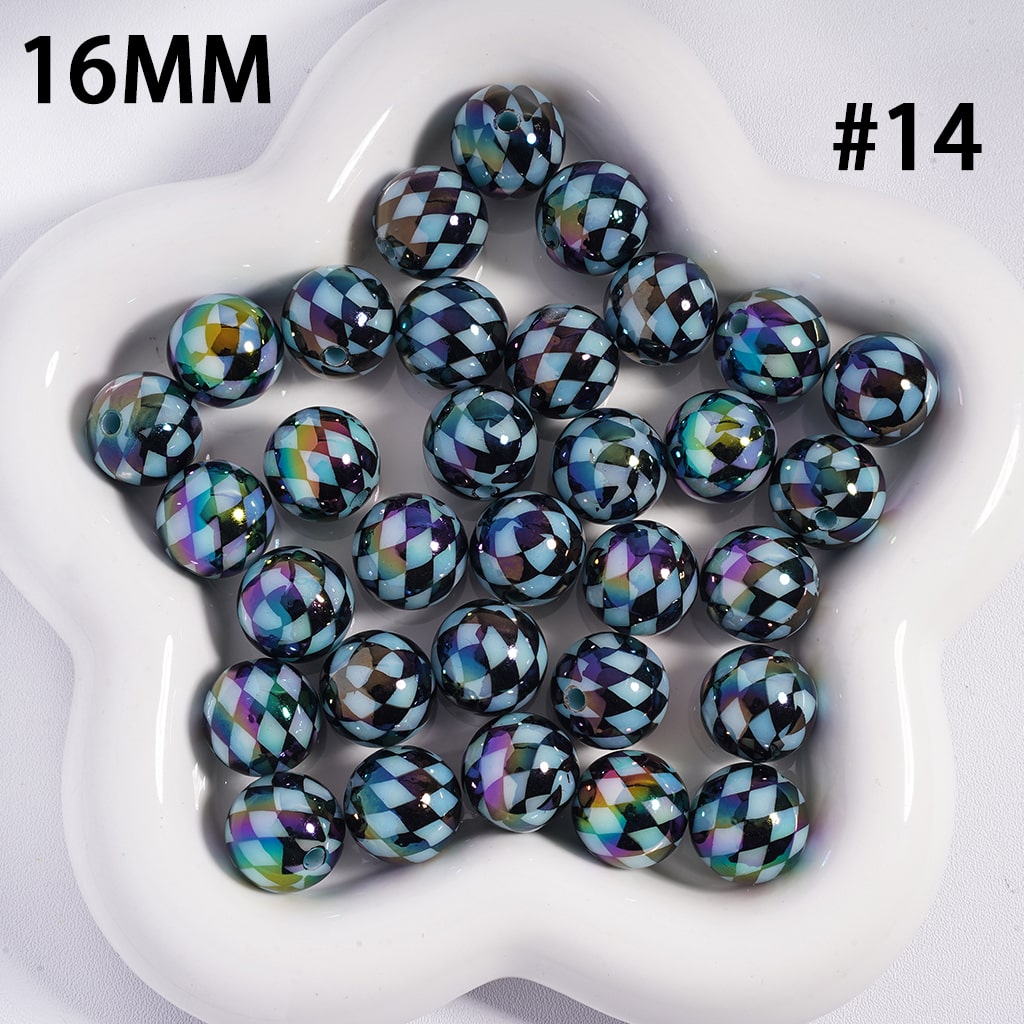 Acrylic Beads for Bracelets UV Coating with Rhombus Checkered Patterns, 16MM, Multi-Color