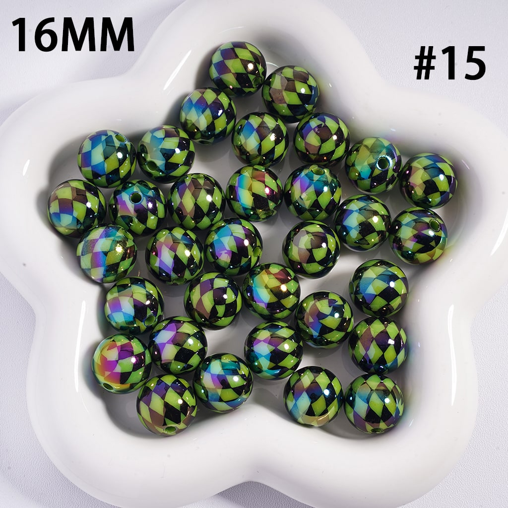 Acrylic Beads for Bracelets UV Coating with Rhombus Checkered Patterns, 16MM, Multi-Color