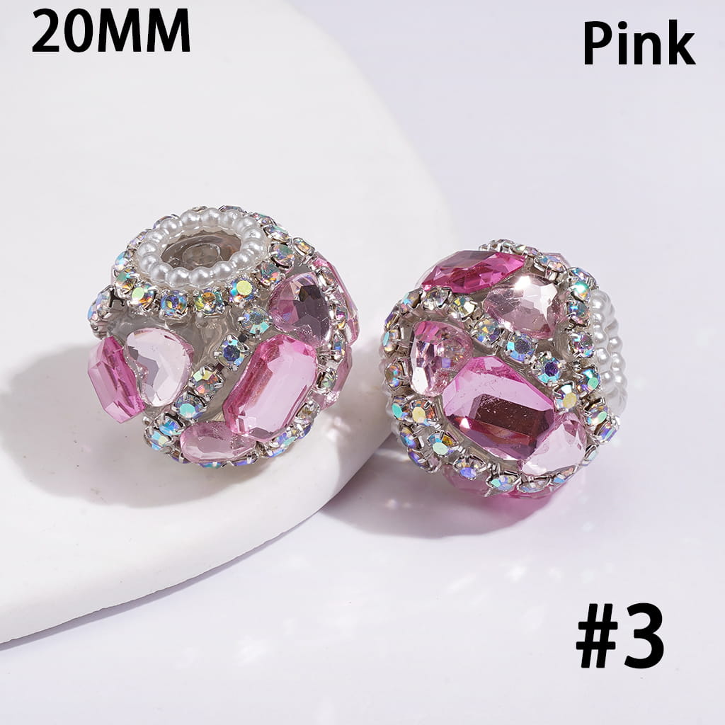 Handmade Acrylic Beads w Heart & Hexagon Rhinestones, AB Rhinestone & White Pearl Chains, 20MM, Multi Color