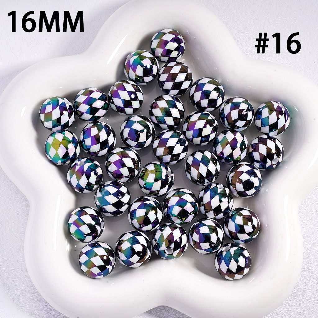 Acrylic Beads for Bracelets UV Coating with Rhombus Checkered Patterns, 16MM, Multi-Color