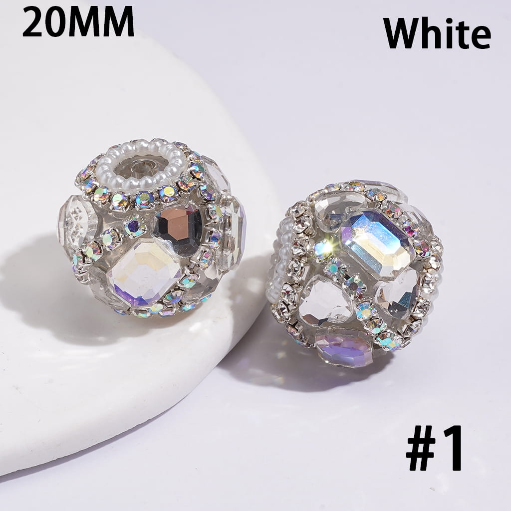 Handmade Acrylic Beads w Heart & Hexagon Rhinestones, AB Rhinestone & White Pearl Chains, 20MM, Multi Color