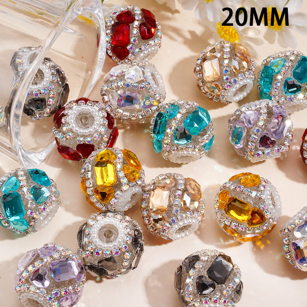Handmade Acrylic Beads w Heart & Hexagon Rhinestones, AB Rhinestone & White Pearl Chains, 20MM, Multi Color
