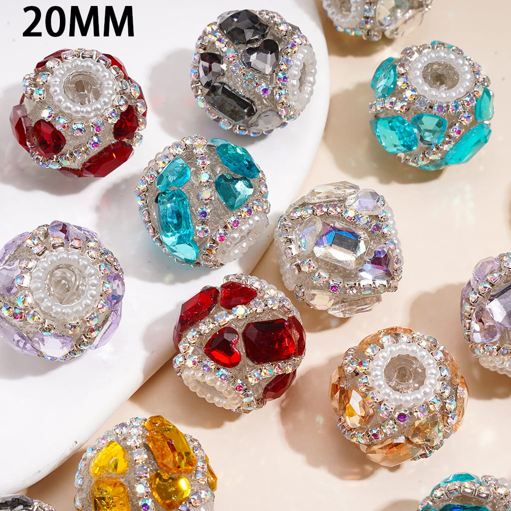 Handmade Acrylic Beads w Heart & Hexagon Rhinestones, AB Rhinestone & White Pearl Chains, 20MM, Multi Color
