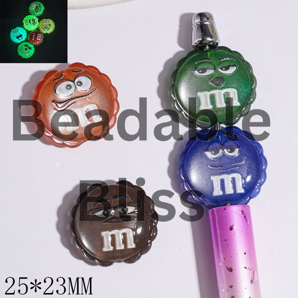Luminous Acrylic Beads with Candy Chip Style in Various Face Expressions Designs, Wavy Edged Flat Round Shape, 25*23MM Random Mix Multi-Color