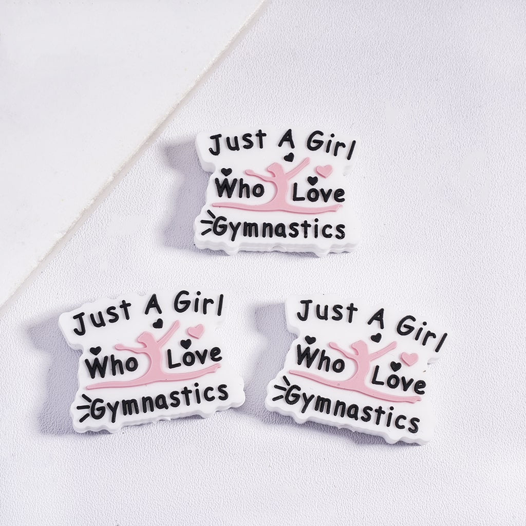 Silicone Focal Beads with Text "Just A Girl Who Love Gymnastics", with Pink and Black Hearts