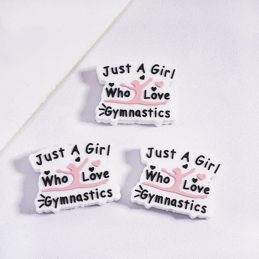 Silicone Focal Beads with Text "Just A Girl Who Love Gymnastics", with Pink and Black Hearts