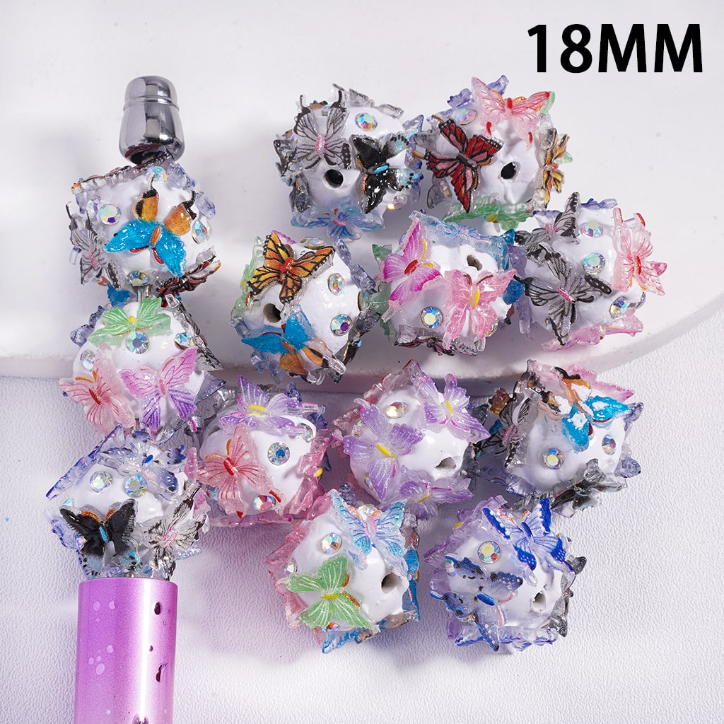 Clay Beads Colorful Butterflies with Glitter, with AB Rhinestone, 18MM, Random Mix