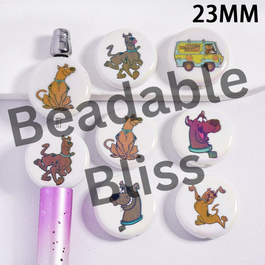 Acrylic Beads UV Coating with Silly Dog Character Series, 23MM, Flat Round Shape, Random Mix