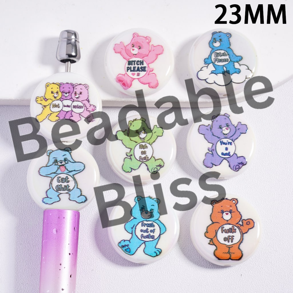 Acrylic Beads UV Coating with Rainbow Bears Series, 23MM, Flat Round Shape, Random Mix