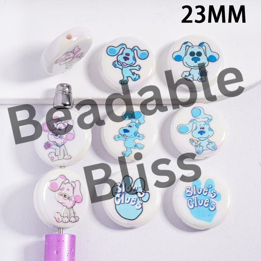 Acrylic Beads UV Coating with Blue and Pink Dalmatians Dogs, 23MM, Random Mix, Flat Round Shape