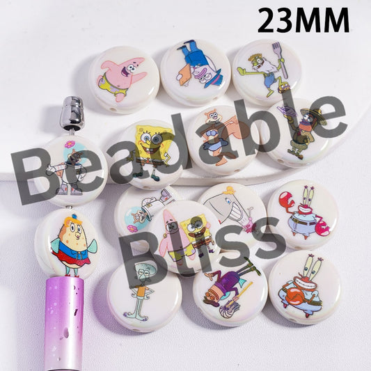 Acrylic Beads UV Coating with Yellow Sponge Character Series, 23MM, Flat Round Shape, Random Mix
