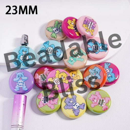 Acrylic Beads UV Coating with Rainbow Bears Series, 23MM, Flat Round Shape, Multi-Color, Random Mix