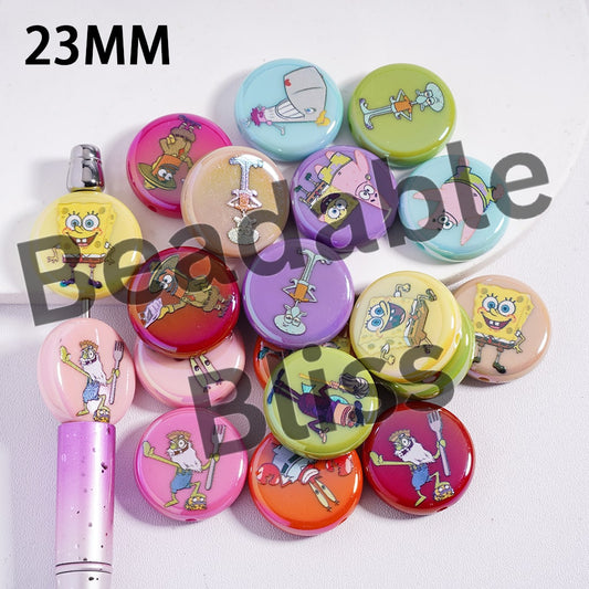 Acrylic Beads UV Coating with Yellow Sponge Character Series, 23MM, Flat Round Shape, Random Mix, Multi-Color