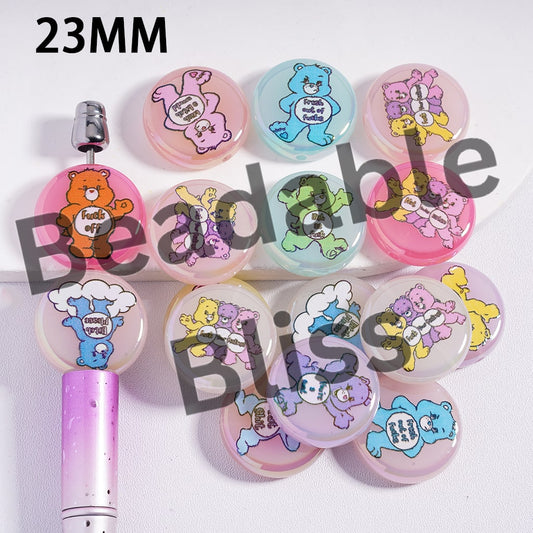 Acrylic Beads UV Coating with Rainbow Bears Series, 23MM, Candy Color, Flat Round Shape, Random Mix