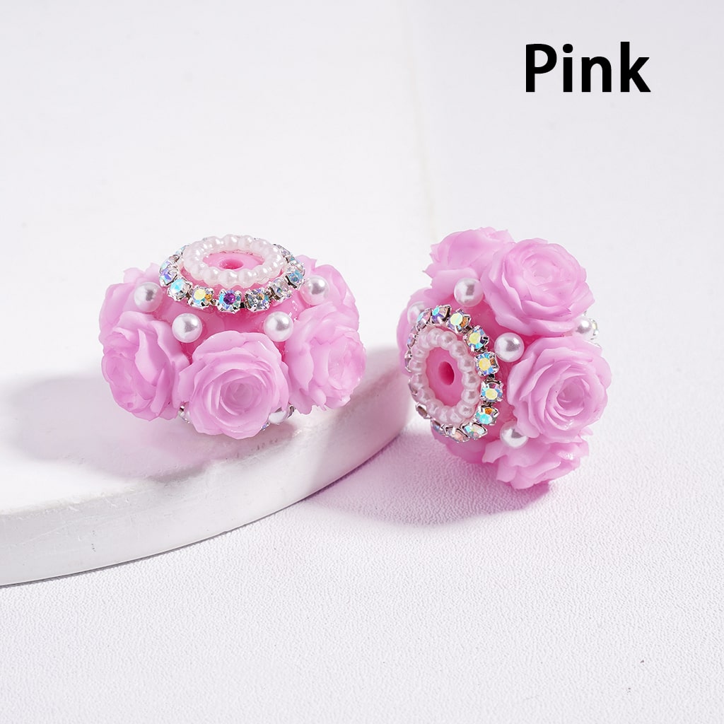 Acrylic Beads with Rose Flowers Valentine's Day, with AB Rhinestone and White Pearl Chains, 27MM, Multi-Color, Random Mix