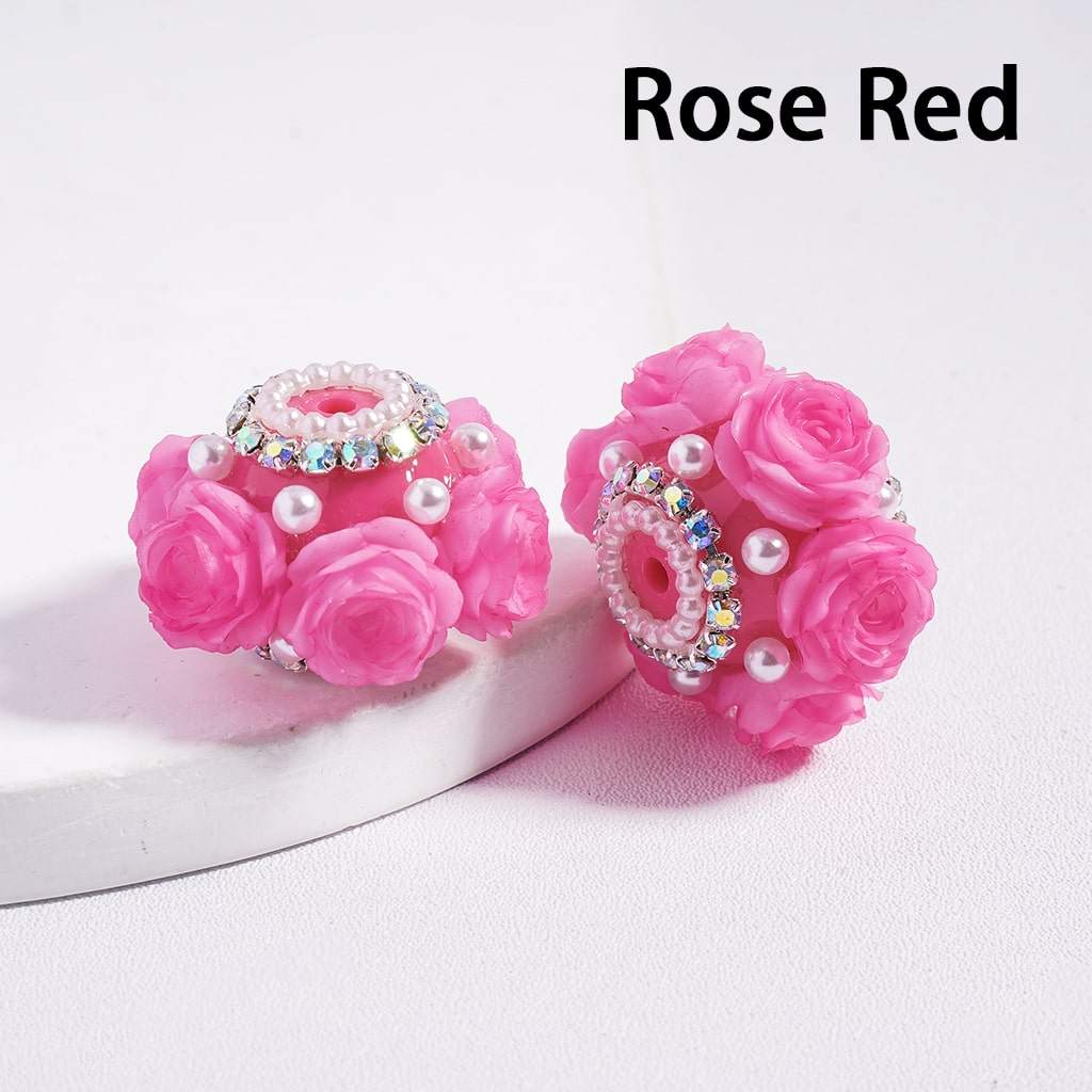 Acrylic Beads with Rose Flowers Valentine's Day, with AB Rhinestone and White Pearl Chains, 27MM, Multi-Color, Random Mix