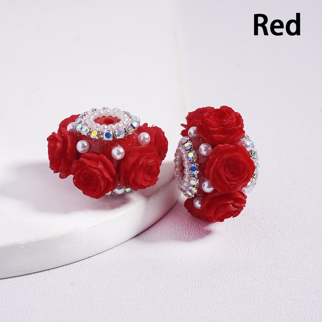 Acrylic Beads with Rose Flowers Valentine's Day, with AB Rhinestone and White Pearl Chains, 27MM, Multi-Color, Random Mix