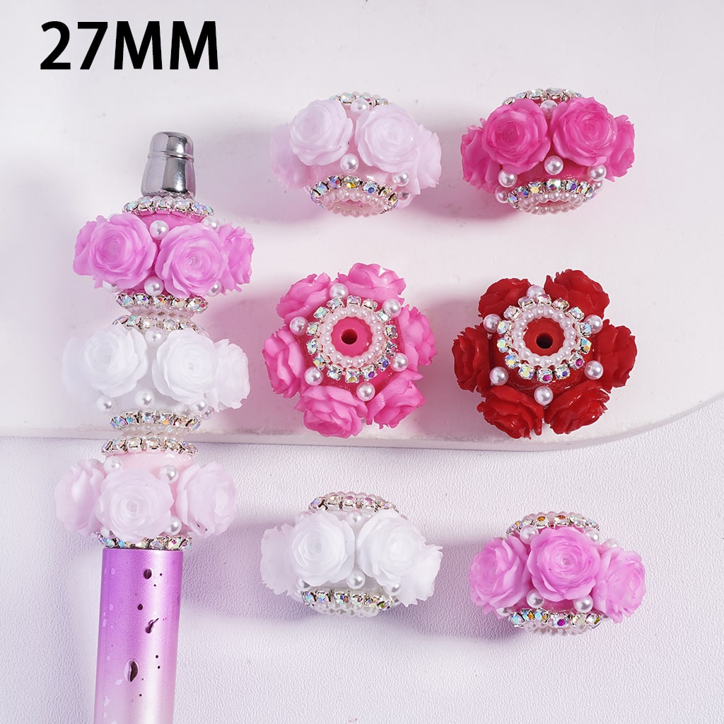 Acrylic Beads with Rose Flowers Valentine's Day, with AB Rhinestone and White Pearl Chains, 27MM, Multi-Color, Random Mix