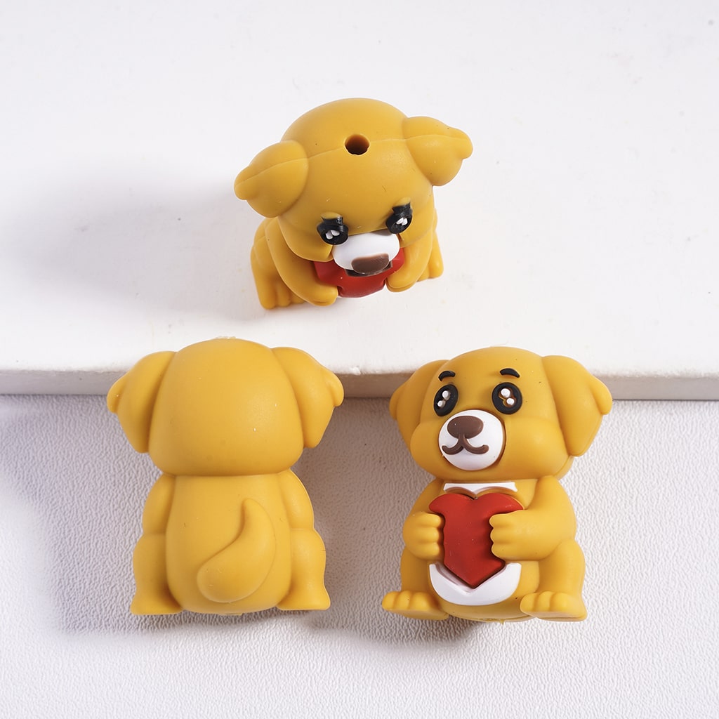 Silicone Focal Beads 3D Lovely Dog Holding Red Heart, Multi-Color