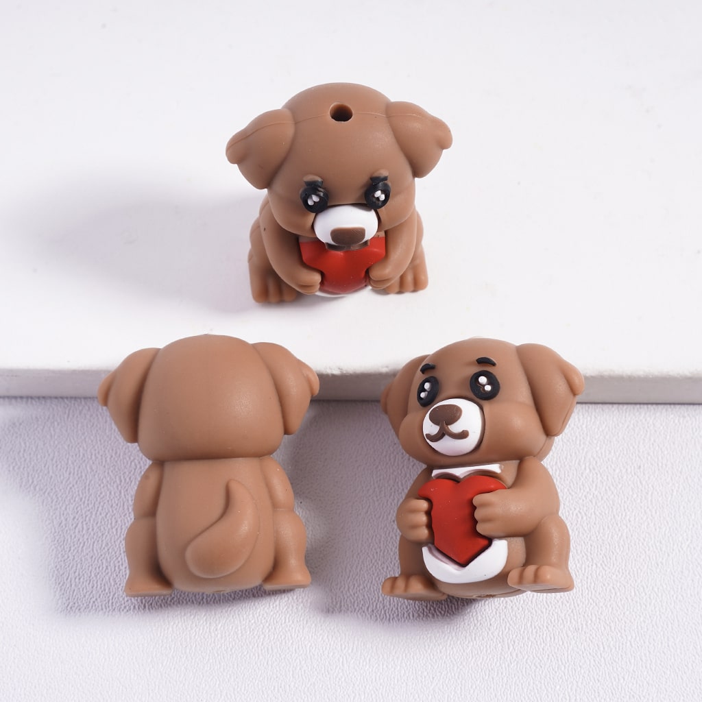 Silicone Focal Beads 3D Lovely Dog Holding Red Heart, Multi-Color