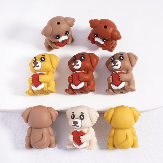 Silicone Focal Beads 3D Lovely Dog Holding Red Heart, Multi-Color