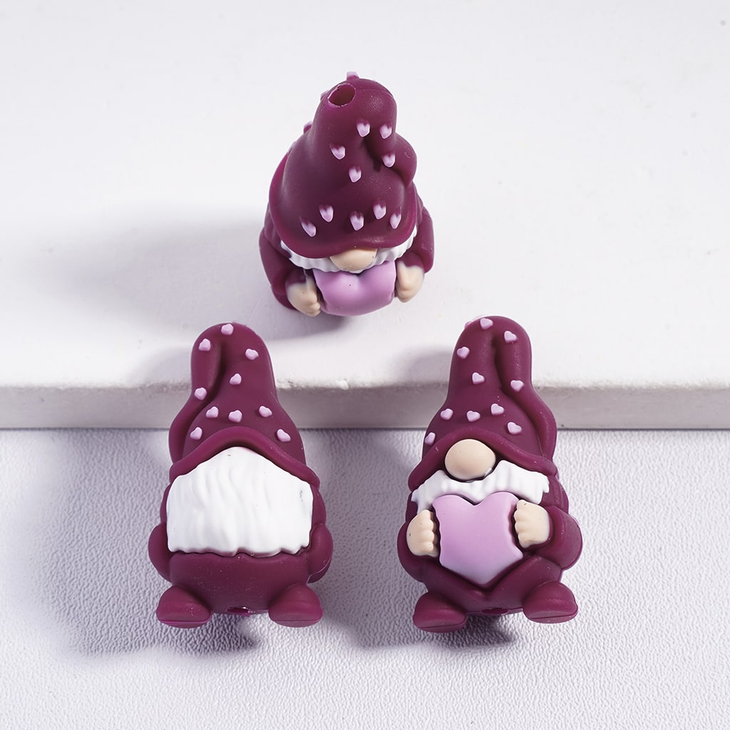Silicone Focal Beads 3D Gnome Elf Holding Pink Heart, Multi-Color