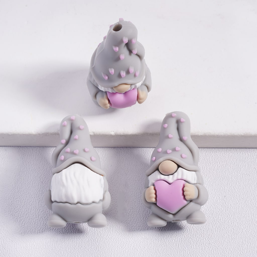 Silicone Focal Beads 3D Gnome Elf Holding Pink Heart, Multi-Color