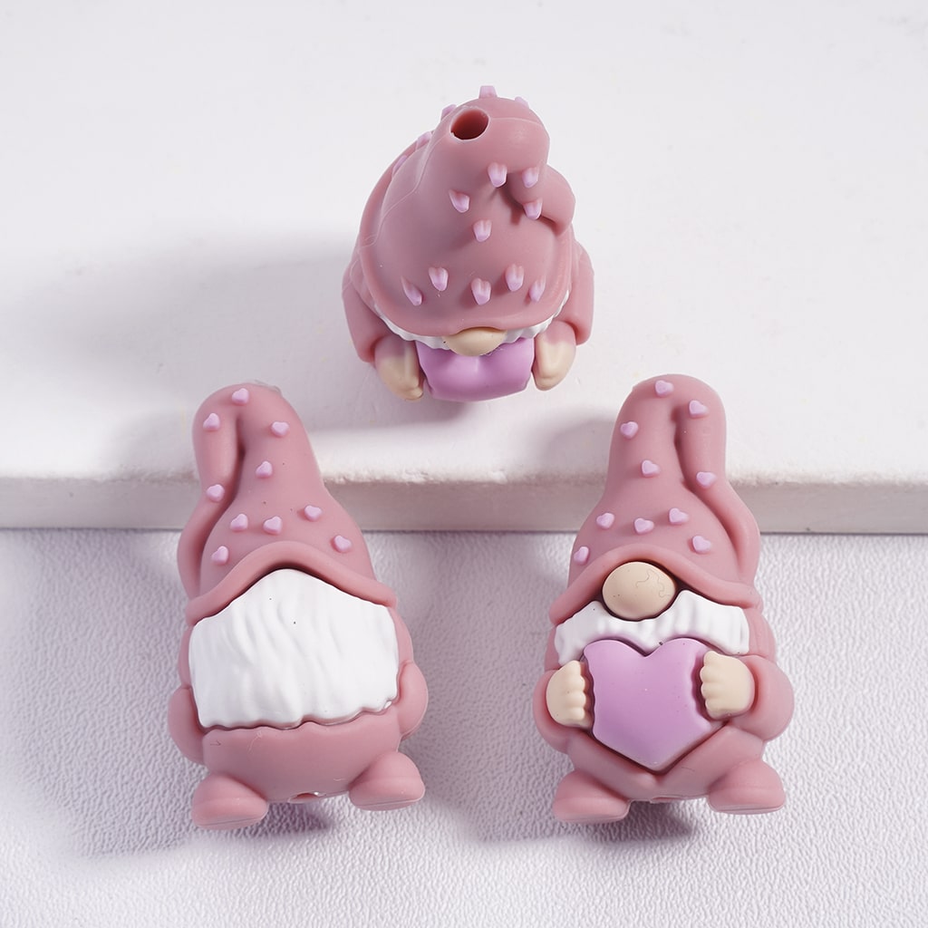 Silicone Focal Beads 3D Gnome Elf Holding Pink Heart, Multi-Color