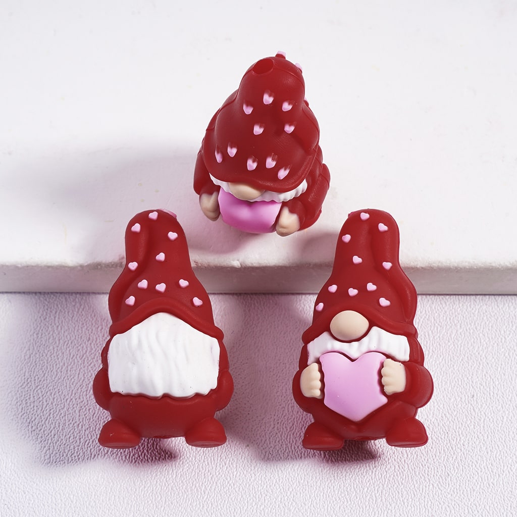 Silicone Focal Beads 3D Gnome Elf Holding Pink Heart, Multi-Color